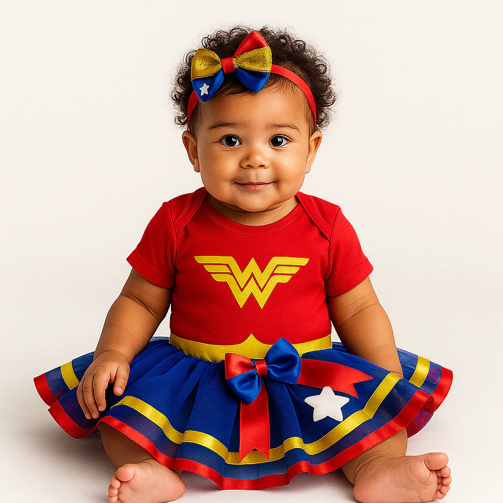 Body Bebê Infantil Menina Mêsversário Temático Mulher Maravilha
