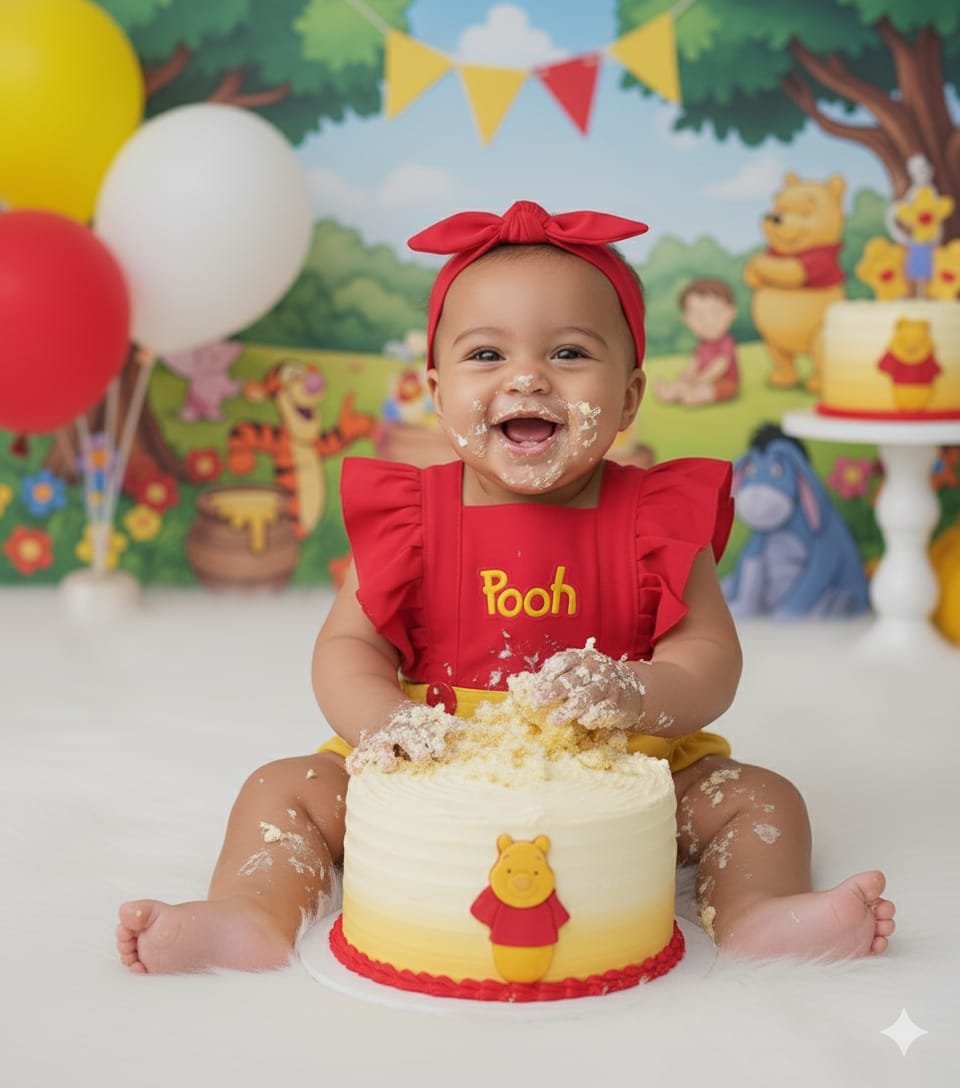 Romper Jardineira Ursinho Pooh – Mesversário 🍯
